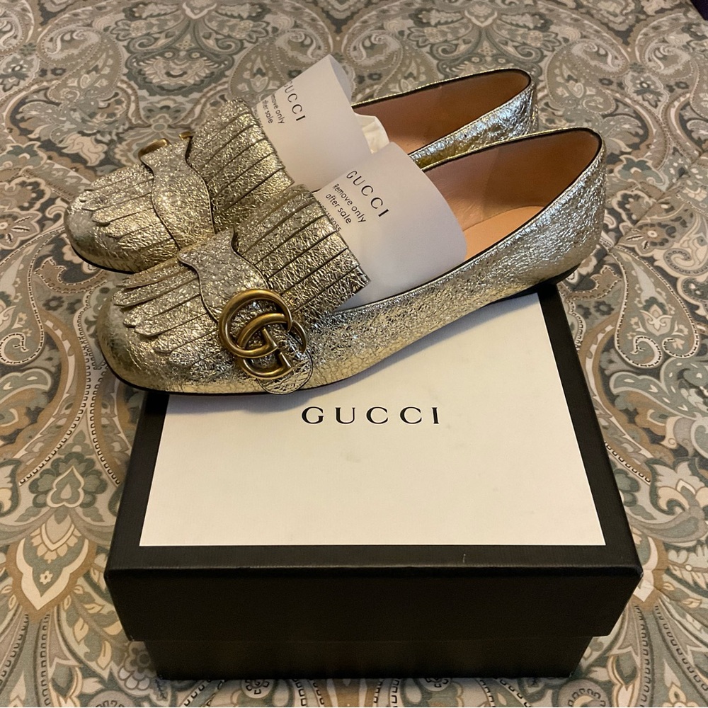 Like New GG Gucci Marmont Fringe Gold Foil Flats Women’s Sz 37.5